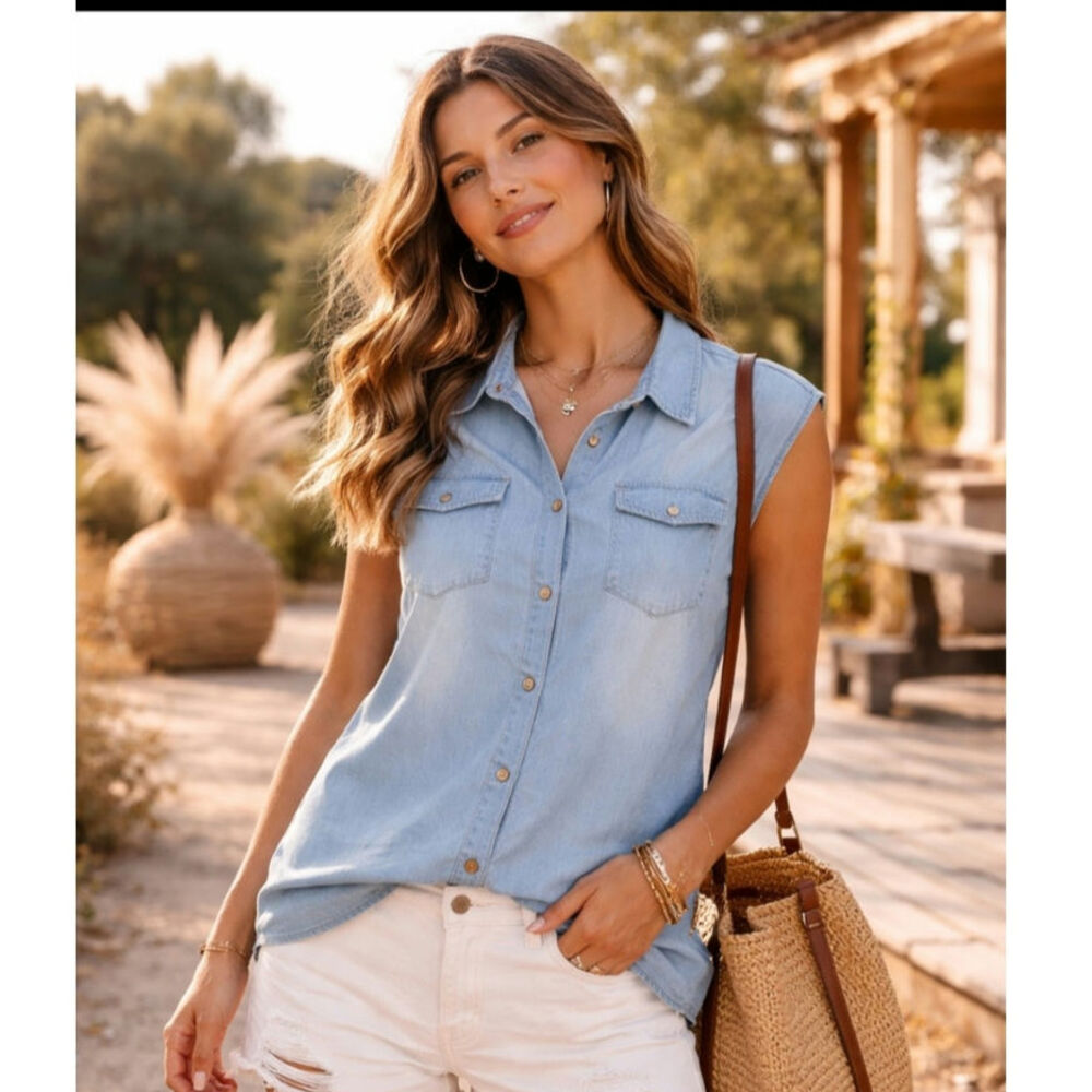 NXH Denim Tunic Shirt Women's Size L Casual Sleeveless Snap Buttons Pockets NWT